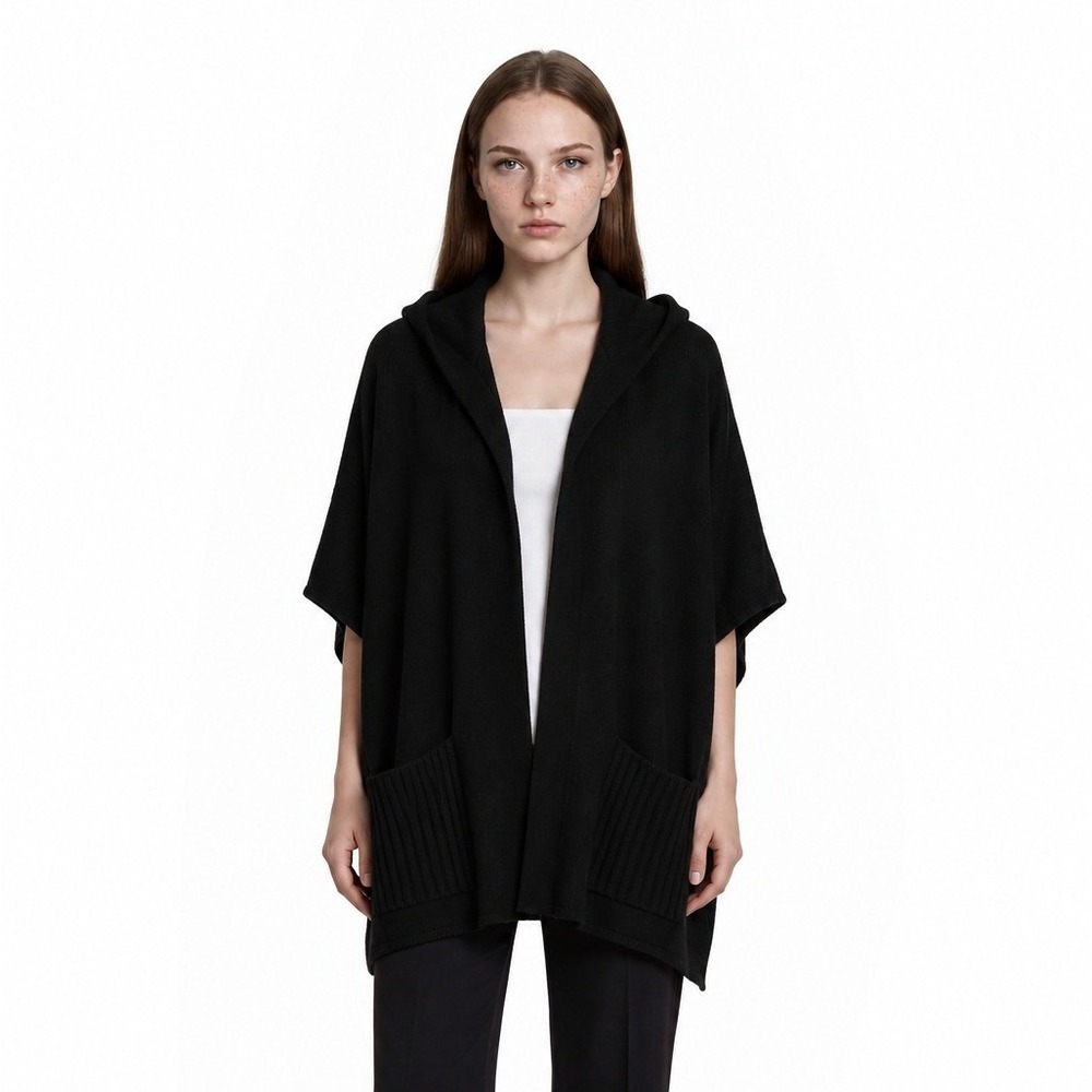 Isaac Mizrahi Live 100% Cashmere Hooded Poncho Women's One Size Black Open Front